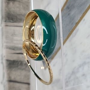 J Crew Gold Plated Enameled Bangle & Engraved Bracelet in Forrest Green & Gold